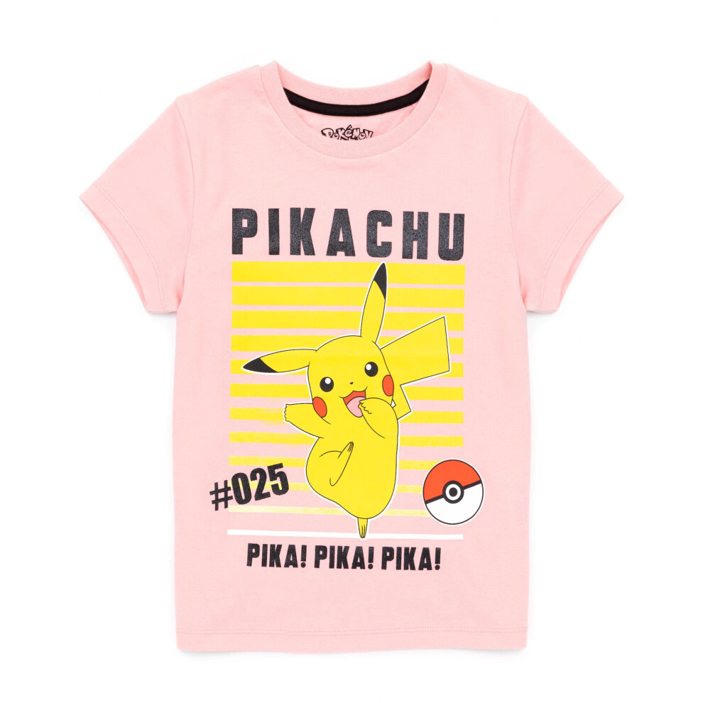 (9-10 Years) Pokemon T-Shirt Girls Kids Pikachu Character Game Short Sleeve Pink Top