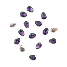 HAND Set of 15 Dark Purple Teardrop Glass Crystal Sew in Trims with Silver Tone Metal Mounts - 10 x 7 mm