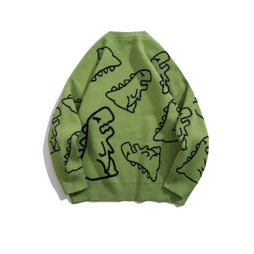 (green, M) Knitted Hip Hop Streetwear,Dinosaur Cartoon Pullover O-Neck Oversize Casual Couple Sweaters