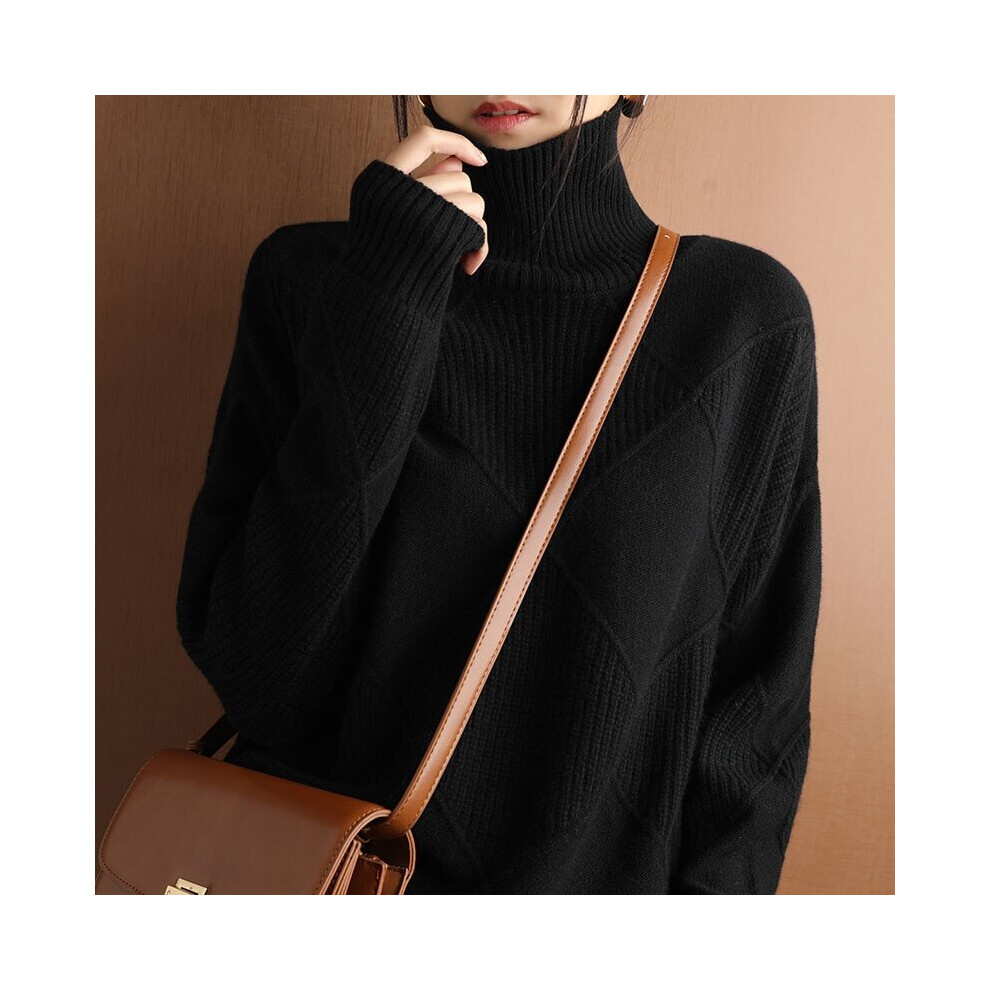 (black, M) Women Turtleneck Cashmere Sweater,Pure Color Knitted Turtleneck Pullover Pure Wool Loose Sweater