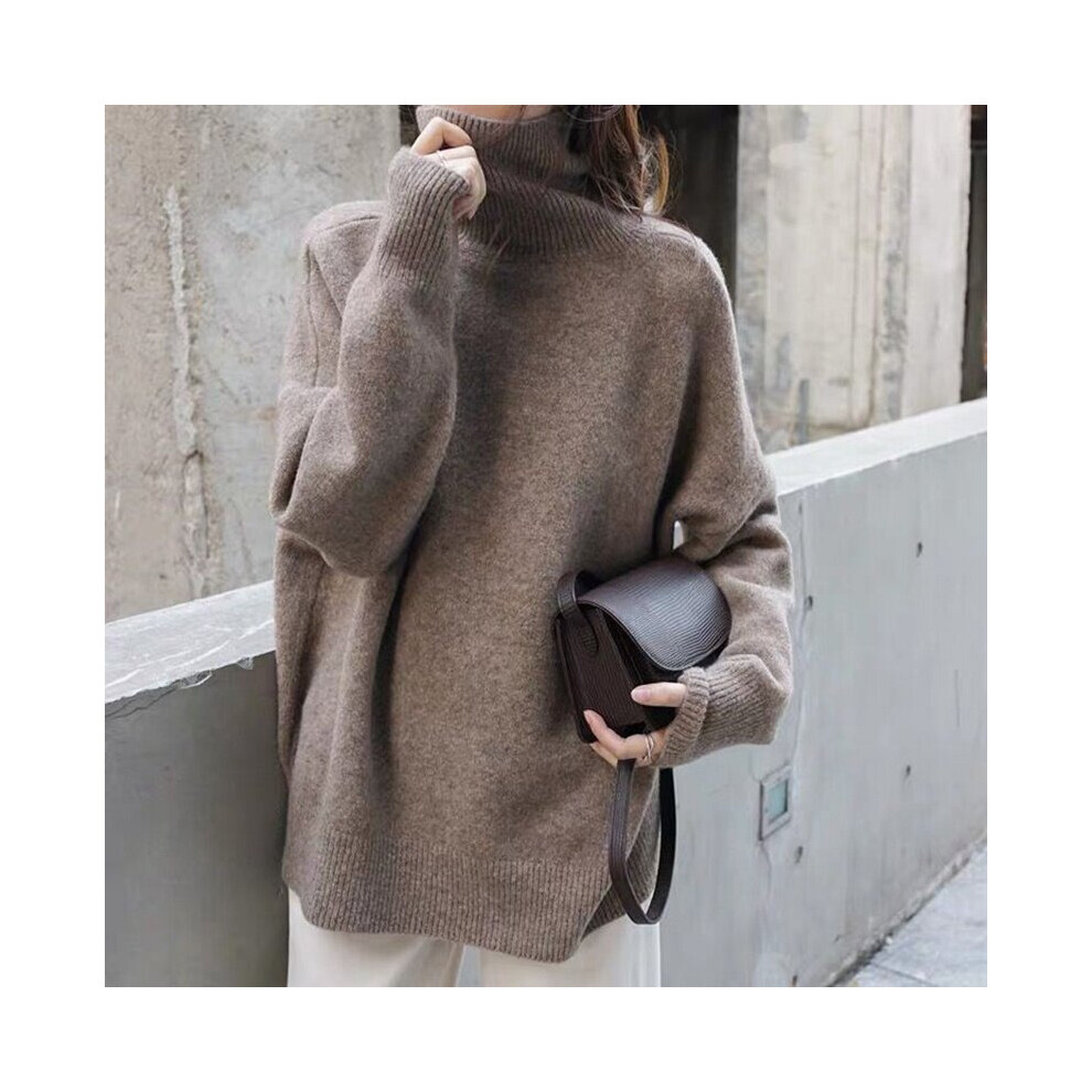 (brown) Turtle Neck Cashmere Sweater,Women Loose Warm Knitted Pullover Winter Outwear Lazy Jumpers