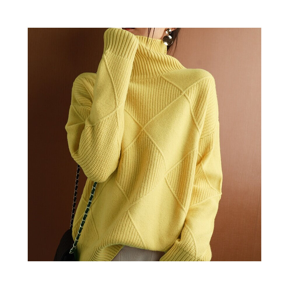 (yellow, L) Women Turtleneck Cashmere Sweater,Pure Color Knitted Turtleneck Pullover Pure Wool Loose Sweater