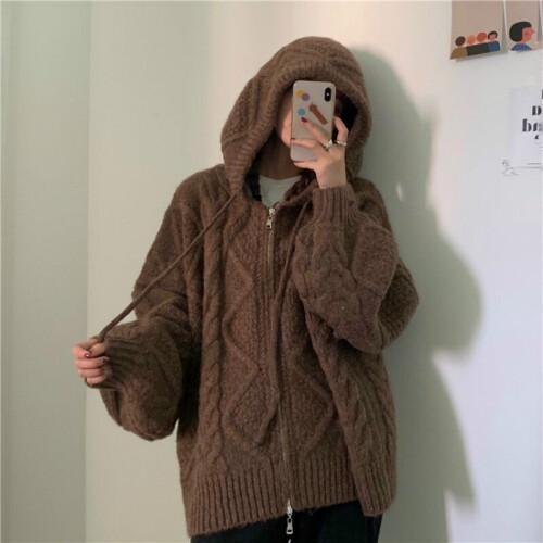 (brown) Women Autumn Winter Oversize Knitted Cardigan,Casual Hooded Twist Sweater Zipper Long Sleeve Crochet Outerwear