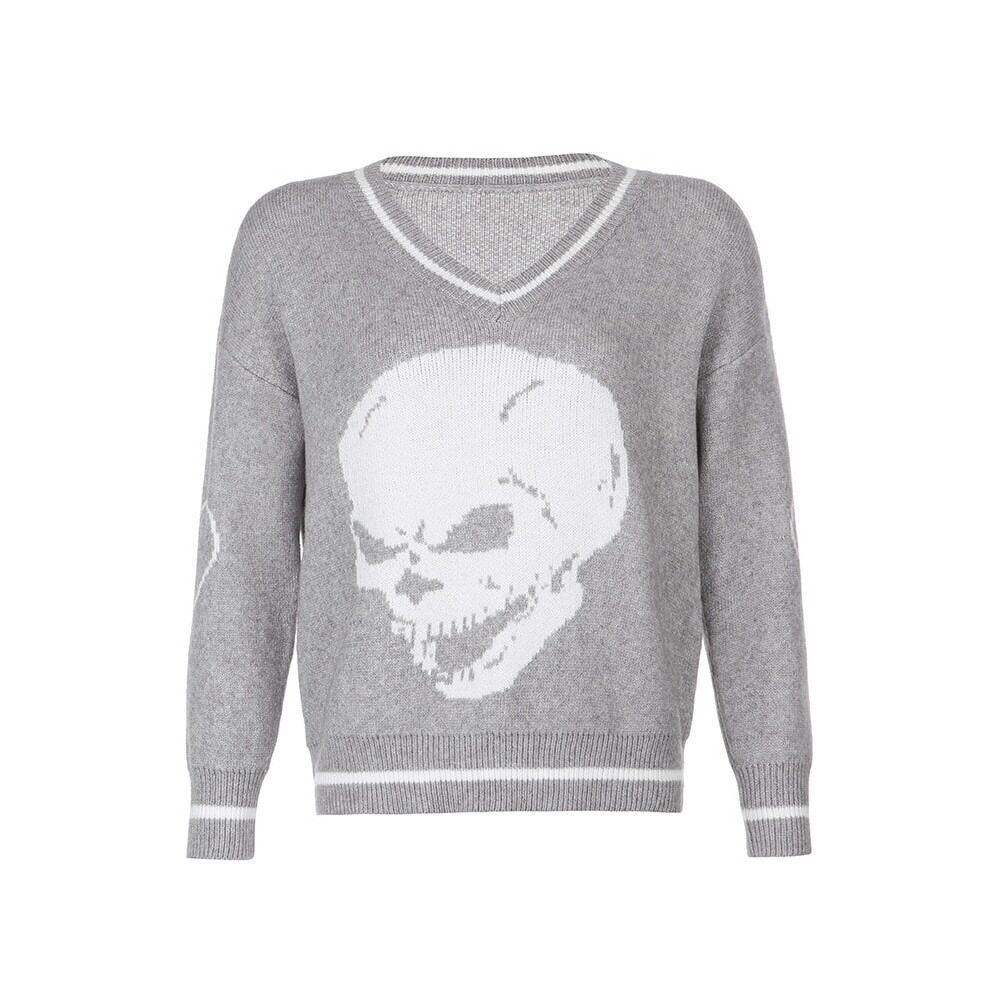(grey, L) Skull Print Loose Autumn Winter Sweater, Women Pullovers Casual Knitwear Jumpers Sweaters-image-OPC-P8M6X55-NEW
