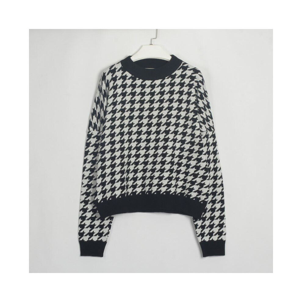 (black, M) Women Retro Houndstooth  Pullover Sweater,Casual Geometric Long Sleeve Knit Jumpers