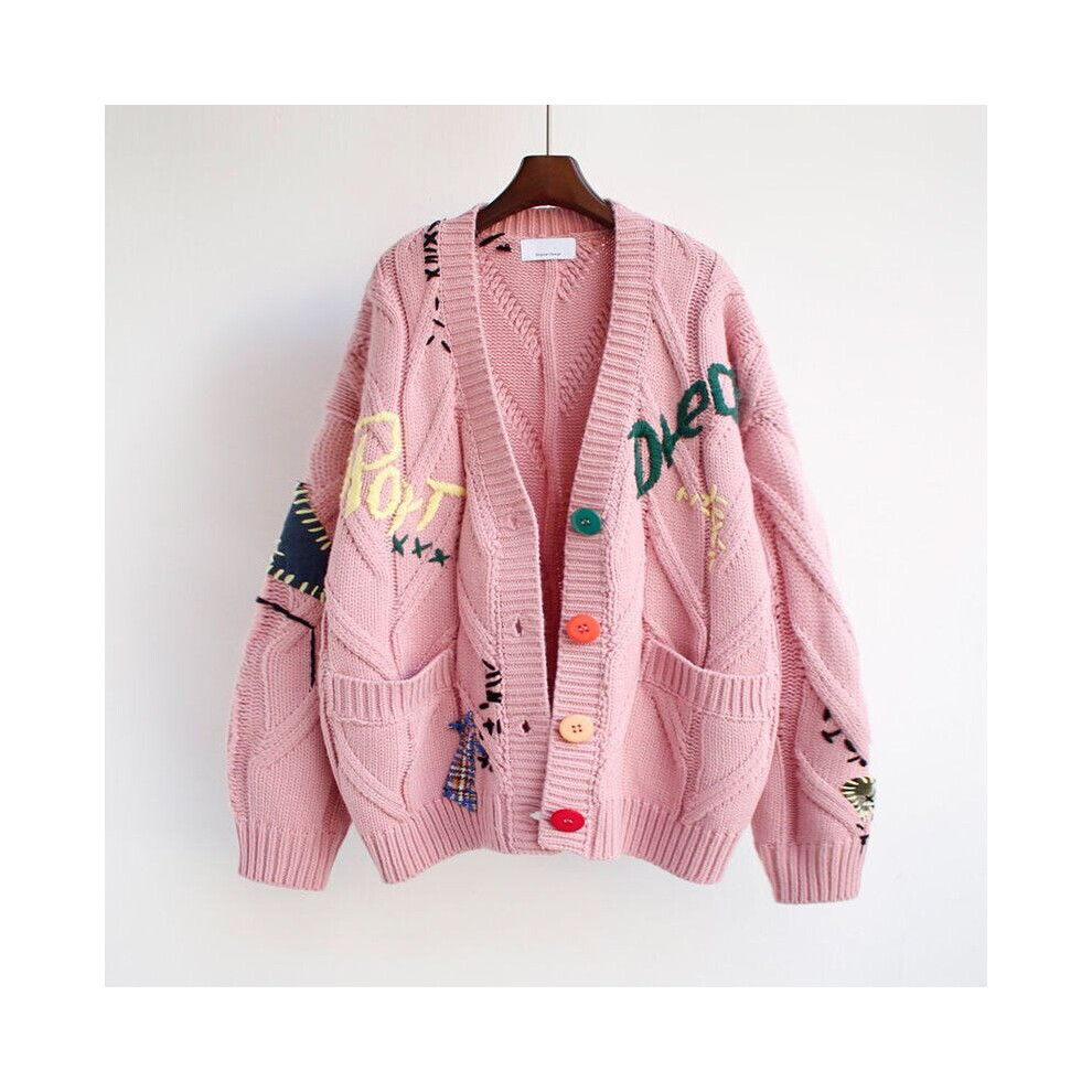 (pink, L) Autumn Winter Women Cardigan,Warm Knitted Sweater Jacket Pocket Embroidery Fashion Knit Cardigans Coat,Lady Loose Sweaters