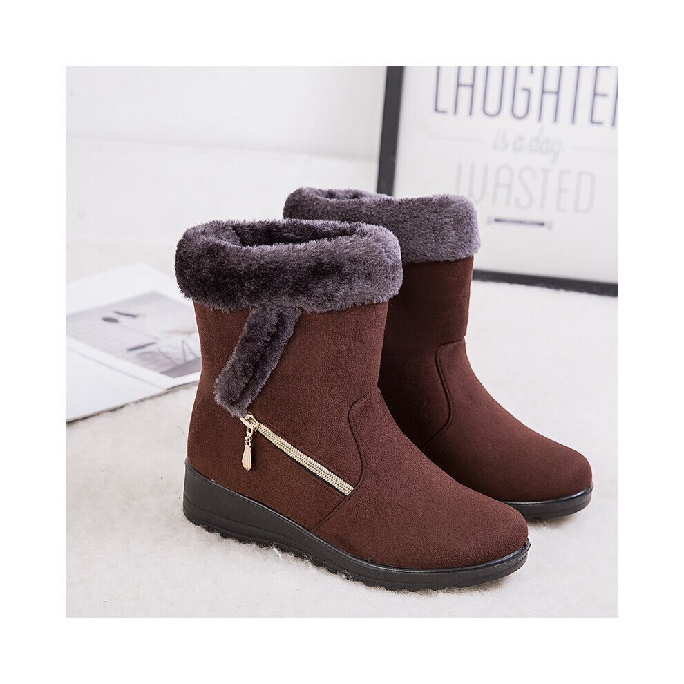 (Light Brown, 6) Ladies Womens Winter Boots Snow Fur Warm Comfy Casual Fashion Mid Calf Shoe UK
