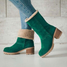(Green, 9) Women's Suede Snow Boots Heeled Shoes Fur Lined High Top Winter Warmer Anti-Slip