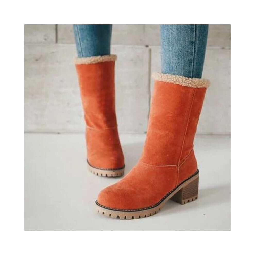 (Orange, 5) Women's Suede Snow Boots Heeled Shoes Fur Lined High Top Winter Warmer Anti-Slip