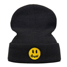 (Black) DREW Justin Bieber Smiling face Solid Winter Knit Beanie Hip Hop Skullies Hat