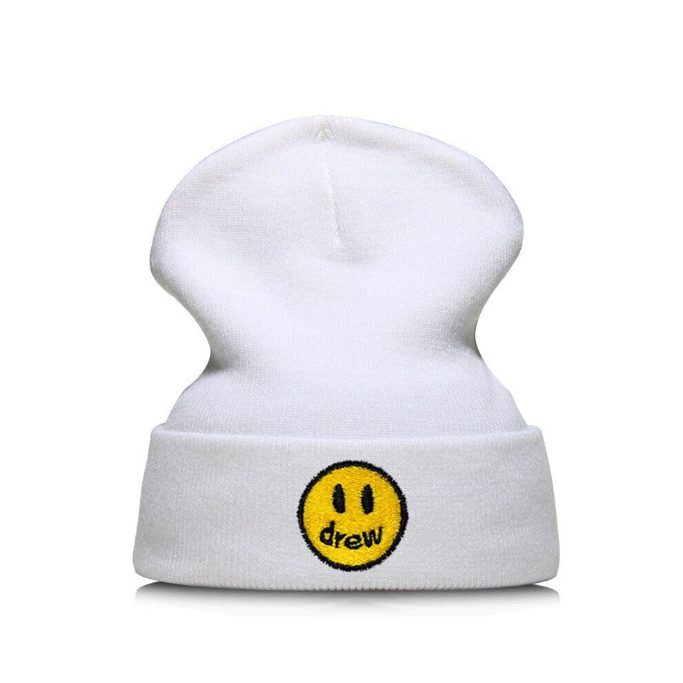 (White) DREW Justin Bieber Smiling face Solid Winter Knit Beanie Hip Hop Skullies Hat