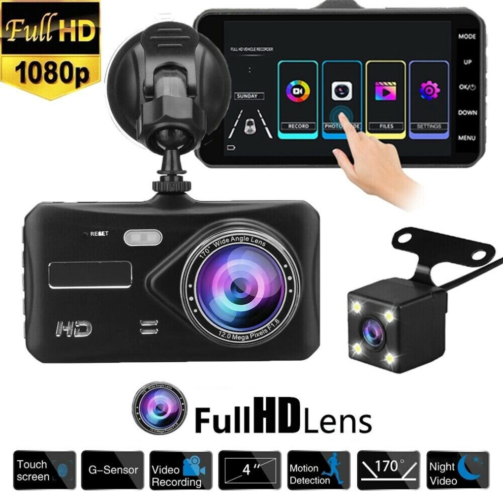 4" In Car Camera Recorder Dual Front and Rear HD 1080P Dash Cam Night Vision