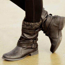 (Grey, 3) Women's Mid Calf Boots Thick Heel Round Toe Casual Shoes Slip On Booties UK