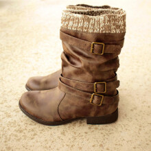 (Brown, 8.5) Women's Mid Calf Boots Thick Heel Round Toe Casual Shoes Slip On Booties UK