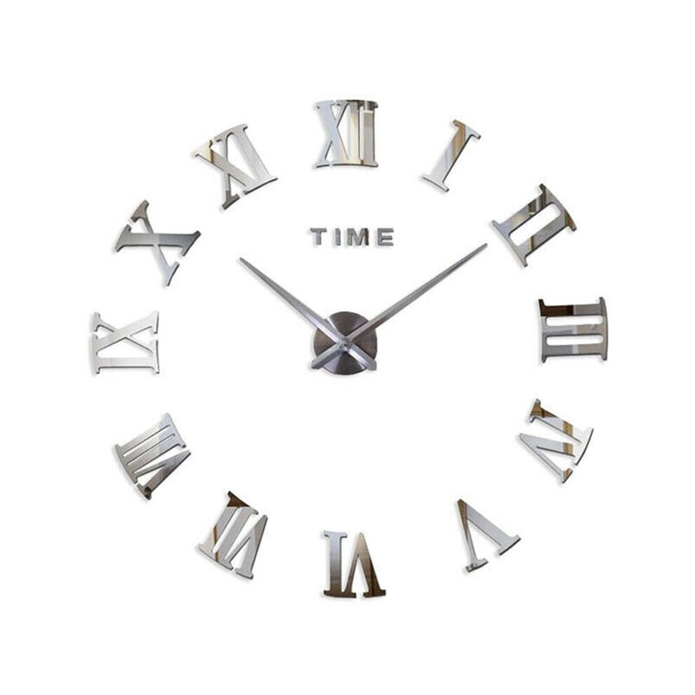 (, Large) 3D Diy Extra Large Roman Numerals Luxury Mirror Wall Sticker Clock Home Decor Silver