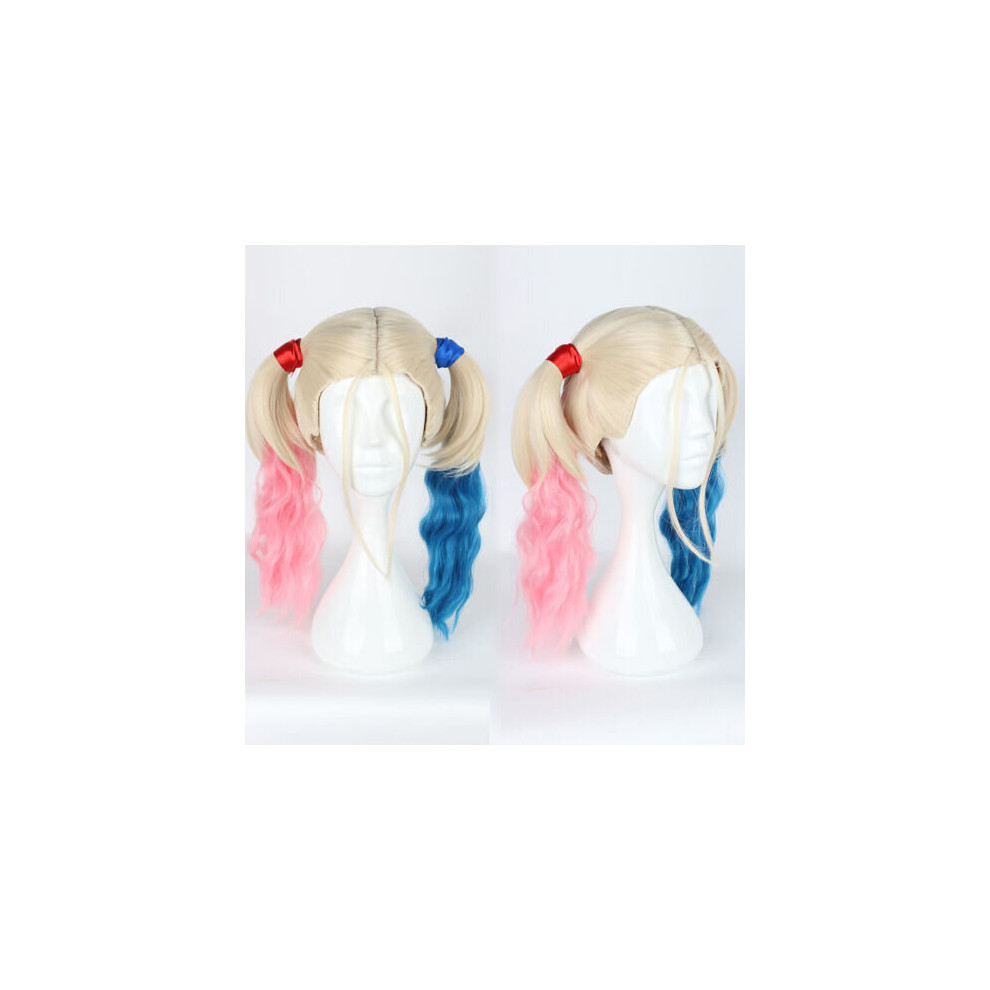 (Wig, One Size) Batman Suicide Squad Harley Quinn Pink Blue Gradient Cosplay Wig Ponytail Blue,Pink