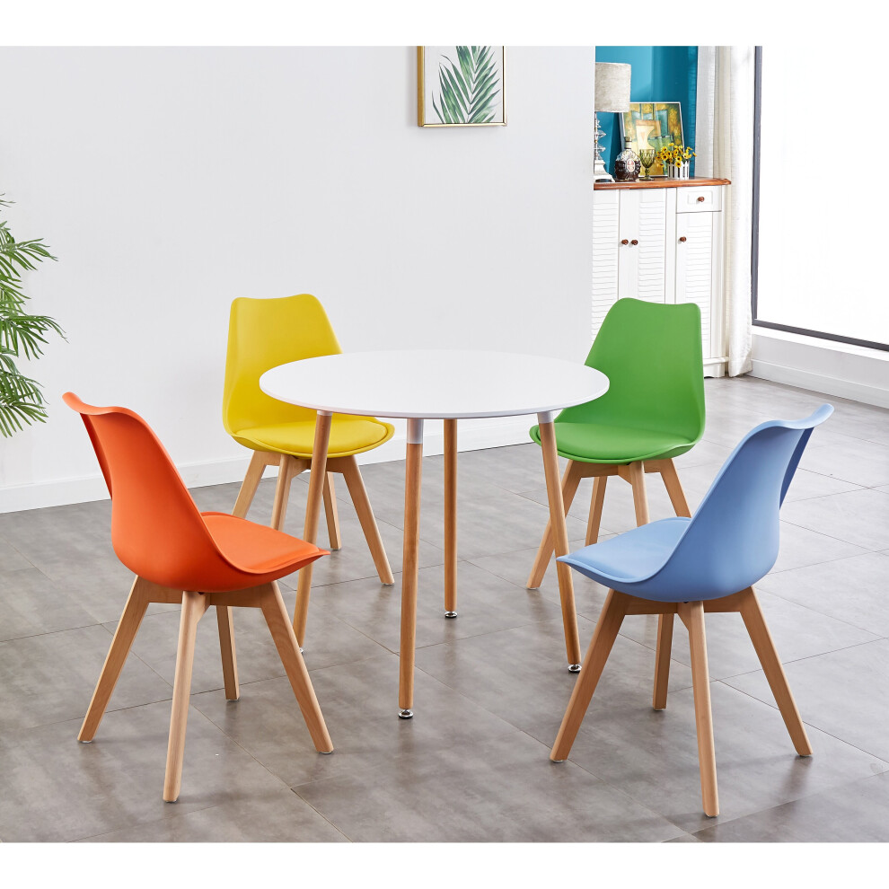 CONTEMPORARY WOOD ROUND KITCHEN DINING TABLE AND 4 TULIP PADDED CHAIRS