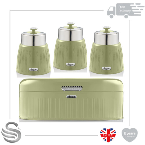 (Green) Swan Retro Bread Bin & Set of 3 Canisters Stainless Steel Chrome Easy Wipe Clean on OnBuy