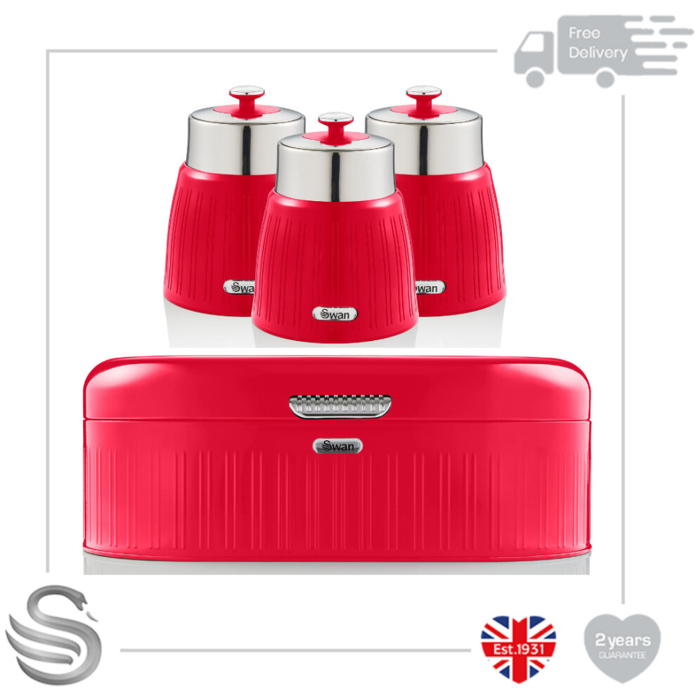 (Red) Swan Retro Bread Bin & Set of 3 Canisters Stainless Steel Chrome Easy Wipe Clean