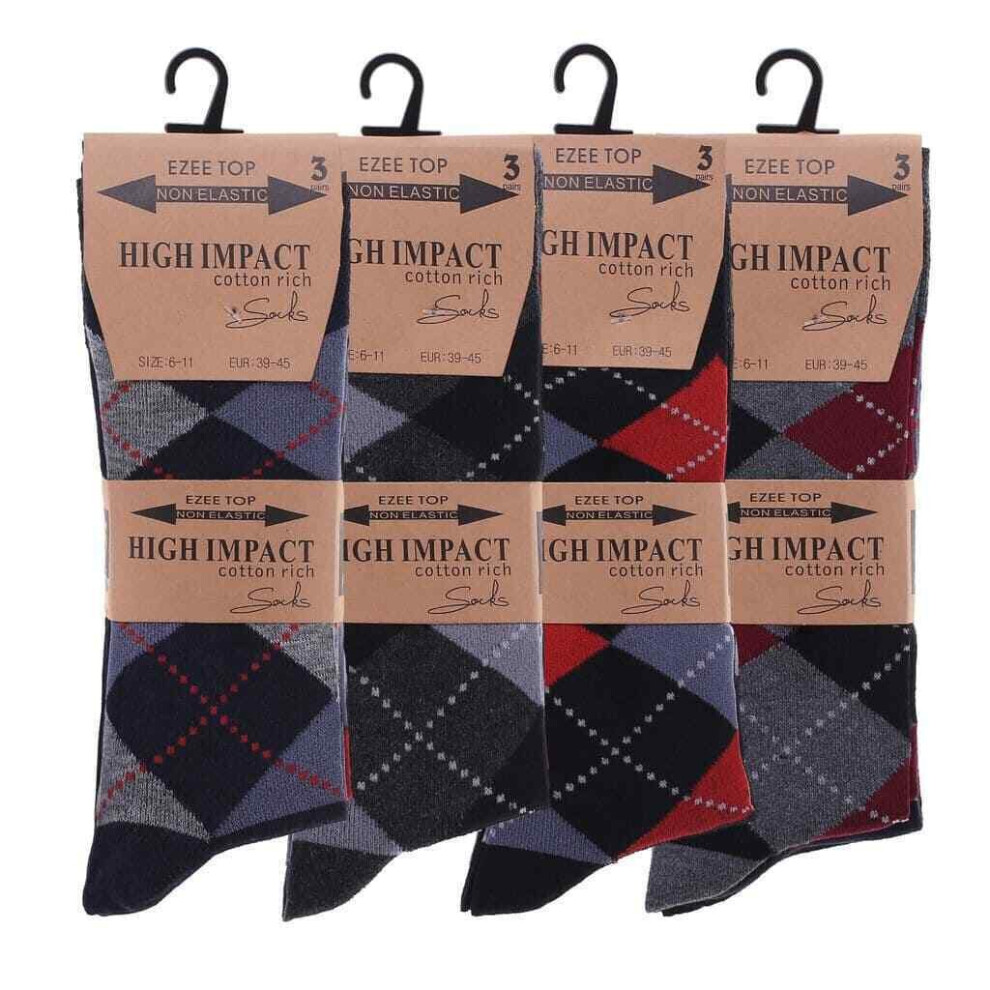 (Pack of 6) Men's Diabetic 12/6 Pairs Socks Non Elastic 100% Cotton Argyle diamond Size 6-11