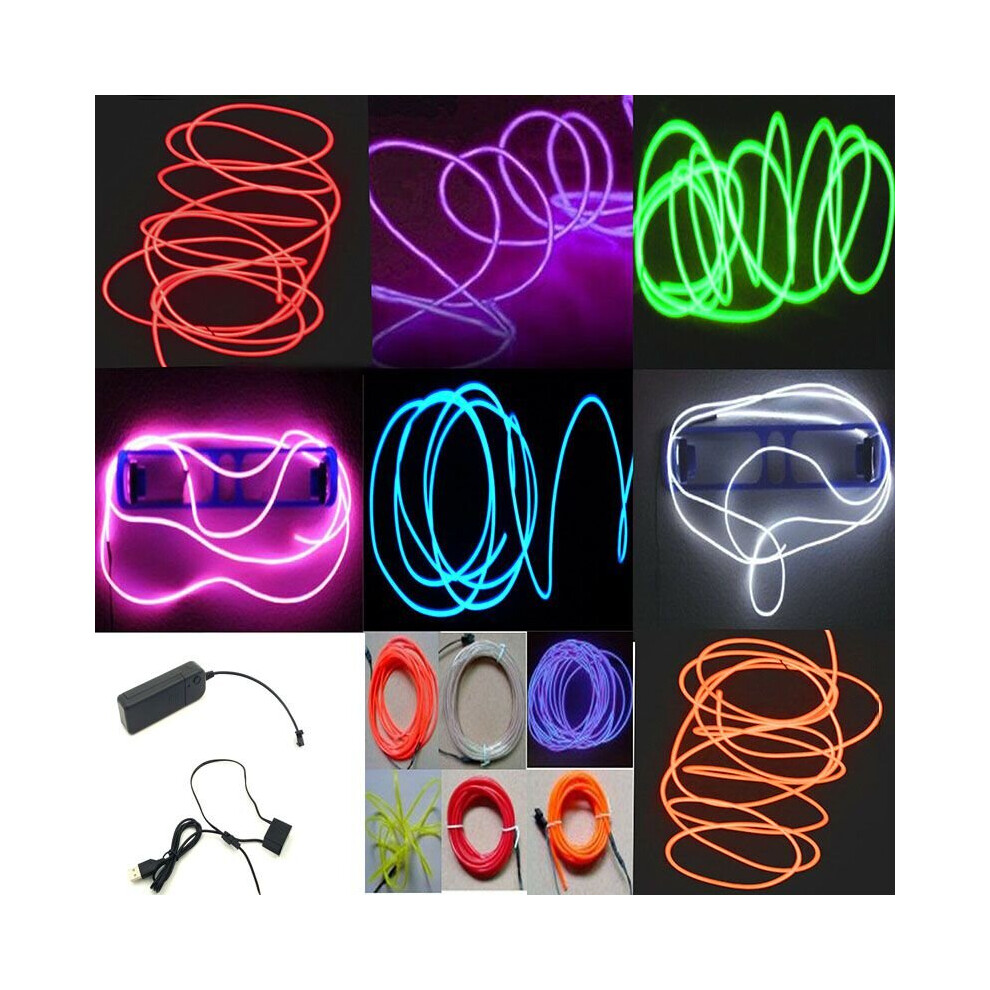 Neon LED Light Glow EL Wire String Strip Rope Tube Decor Car Party + Controller