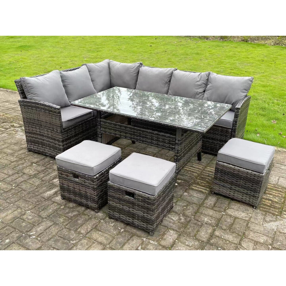 Fimous 9 Seater Rattan Garden Corner Sofa Dining Sets Outdoor With Stools Grey