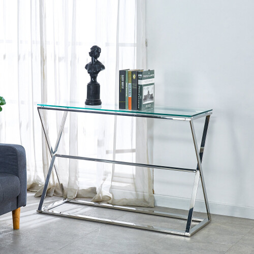 Living And Home Stainless Steel Glass Top Hallway Console Table 1