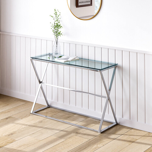 Living And Home Stainless Steel Glass Top Hallway Console Table