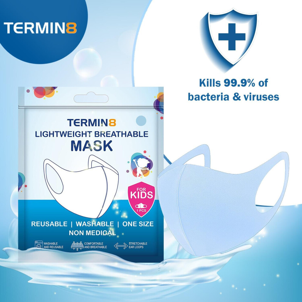 Termin8 Lightweight Breathable Reusable Face Mask For Kids - Blue 5056184027376