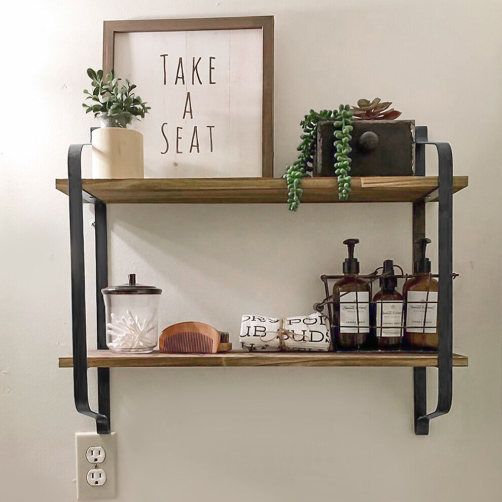 2 Tier Wood Floating Wall Shelf Display Bookshelf Storage Rack