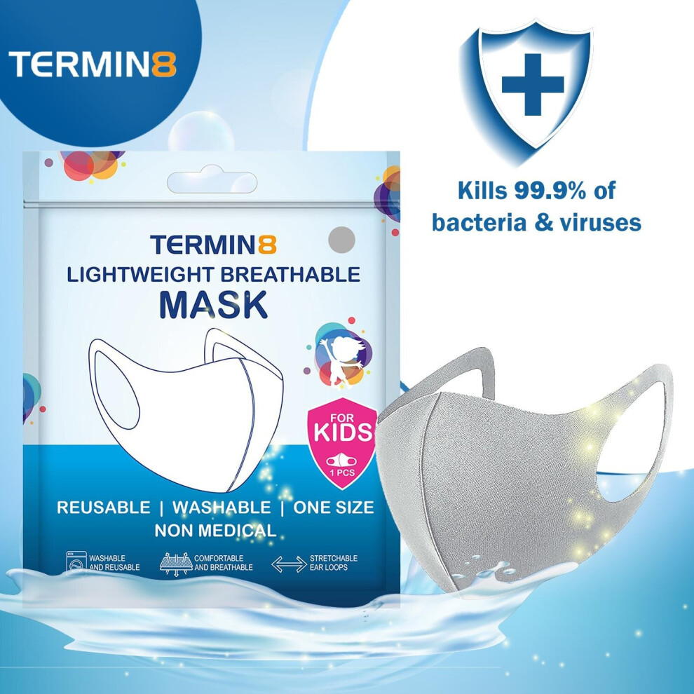 Termin8 Lightweight Breathable Reusable Face Mask For Kids - Grey 5056184027369