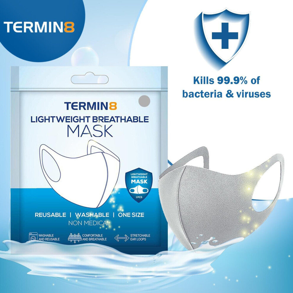 Termin8 Lightweight Breathable Reusable Face Mask For Adults-Grey 5056184027208