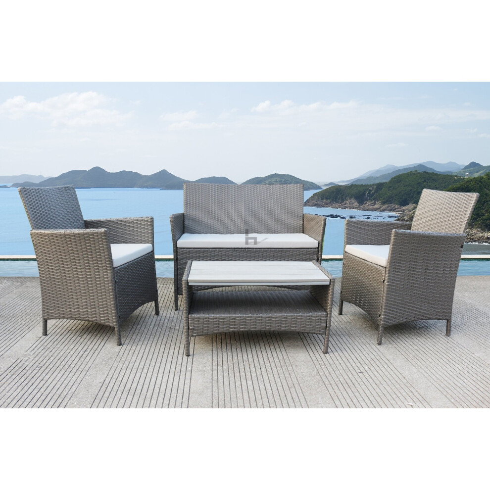 Nice 4 Piece Grey Rattan Garden Furniture Set With Polywood Topped Table Armchairs Light Grey Seat Cushions