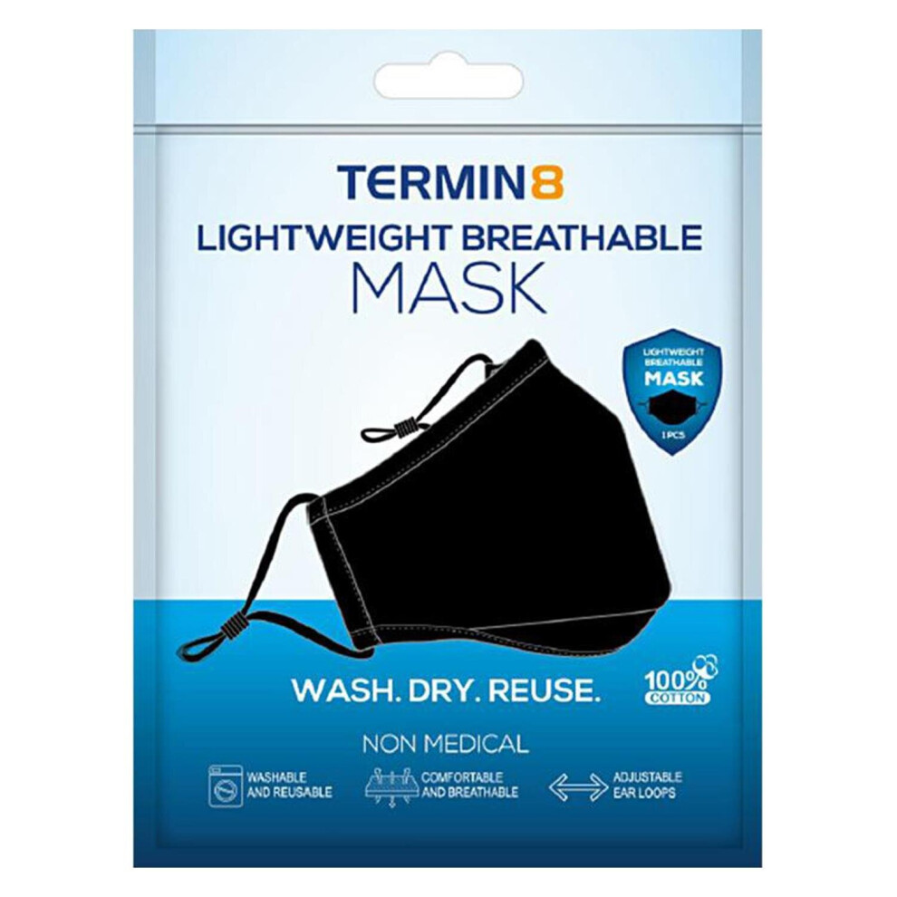 Termin8 Triple Layer Mask With Filter Pocket And Nose Pin- Adult-Black 5056184027413