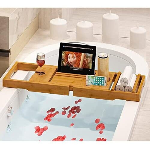 Premium Bamboo Bathtub Tray Caddy Wood Bath Tray Expandable With Book - View #7