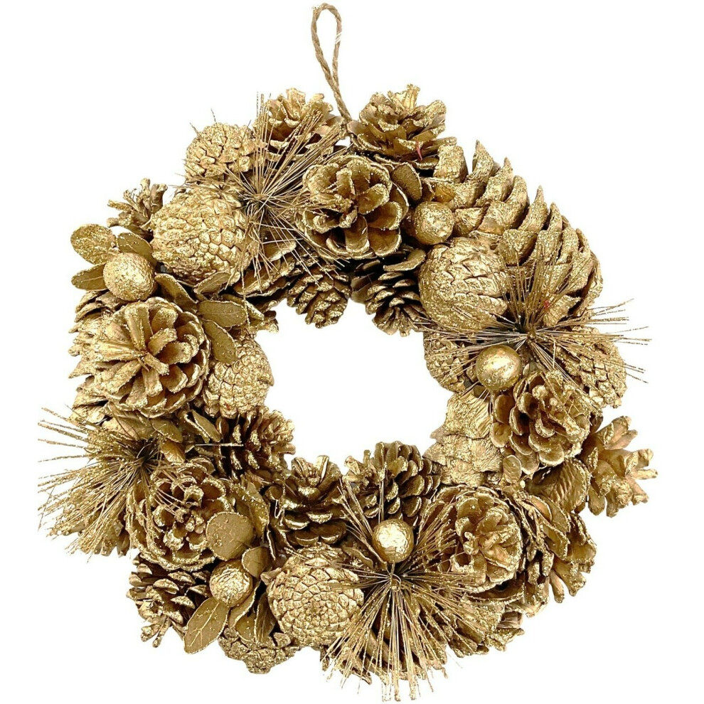 30cm Christmas Gold Wreath Hanging Xmas Door Wreath Decoration & Cones PREMIUM