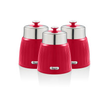 (Red) Swan Retro 3 Piece Canister Set Chrome Airtight Lid Lock Stainless Steel Storage