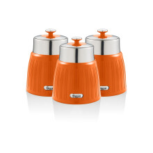(Orange) Swan Retro 3 Piece Canister Set Chrome Airtight Lid Lock Stainless Steel Storage