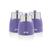 (Purple) Swan Retro 3 Piece Canister Set Chrome Airtight Lid Lock Stainless Steel Storage