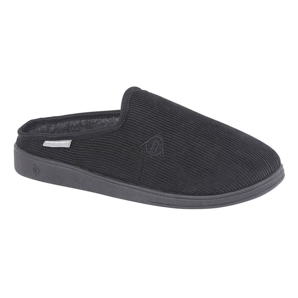 (12 UK, Black Ribbed Velour) Dunlop Mens Ted Ribbed Slip On Mule Slippers