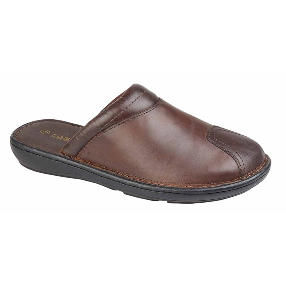 Roamers Mens Leather Clog Mule Slippers Brown 10 UK