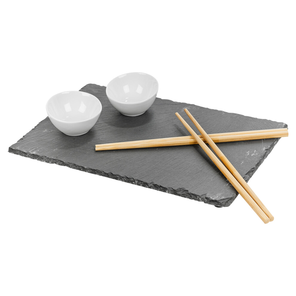 7pc Sushi Set Rectangle Slate Serving Tray with Chopsticks & Ceramic Dip Bowls