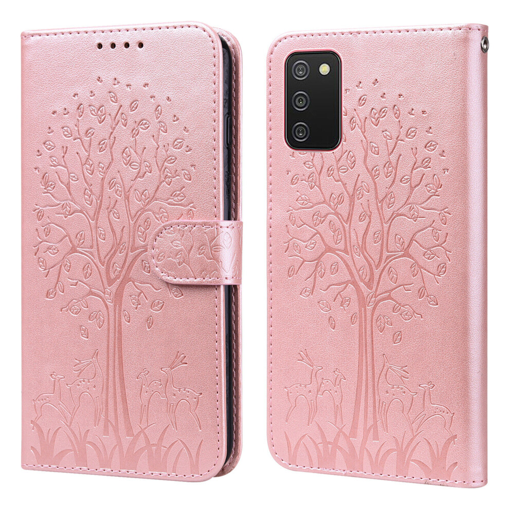 Gangxun Samsung Galaxy A02s Case Leather Cover Embossing Etui Coque - Tree And Deer Pink