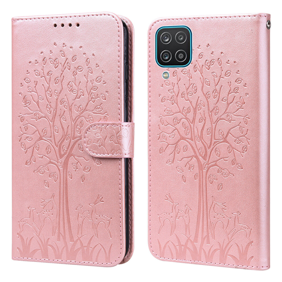 Gangxun Samsung Galaxy A12 5G Case Leather Cover Embossing Etui Coque - Tree And Deer Pink