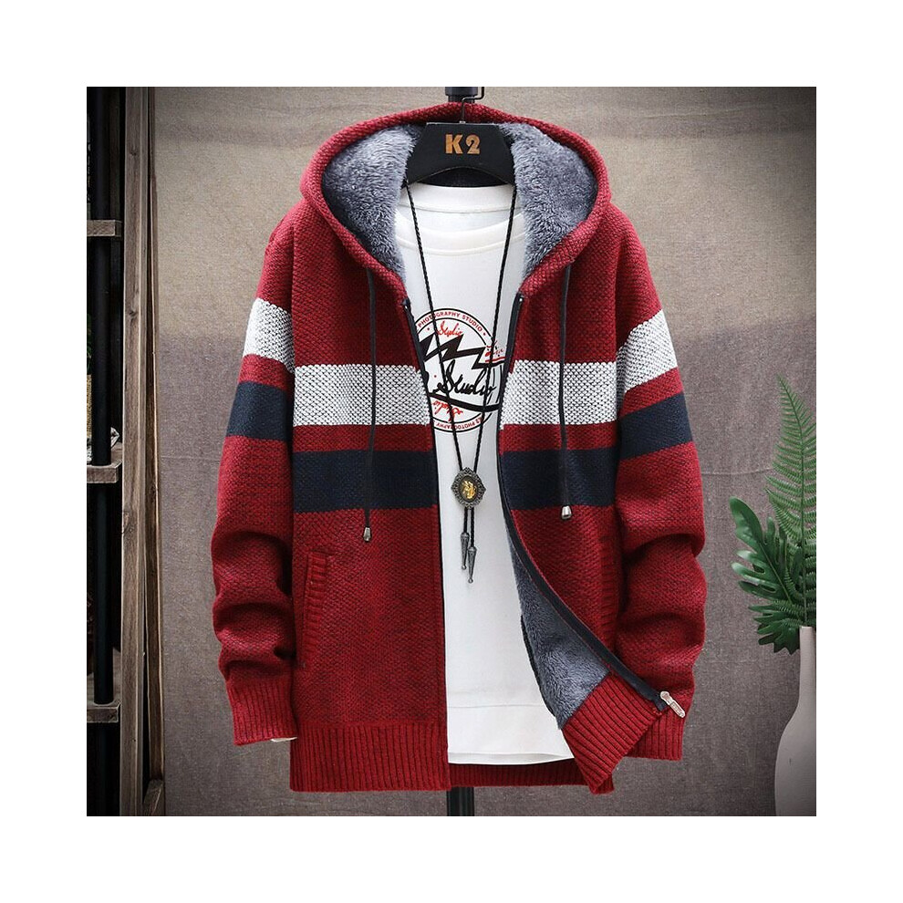 (Wine Red, XL) Mens Thick Warm Fleece Lined Hooded Hoodie Winter Zip Up Coat Jacket Sweatshirt