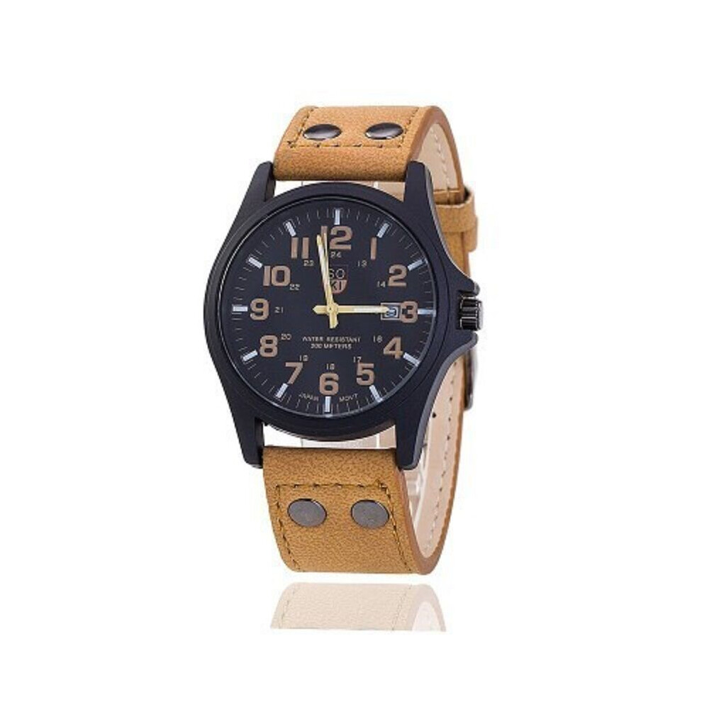 (Khaki) Quartz Fashion Men's Date Stainless Steel Simulation Military Sports Watch.