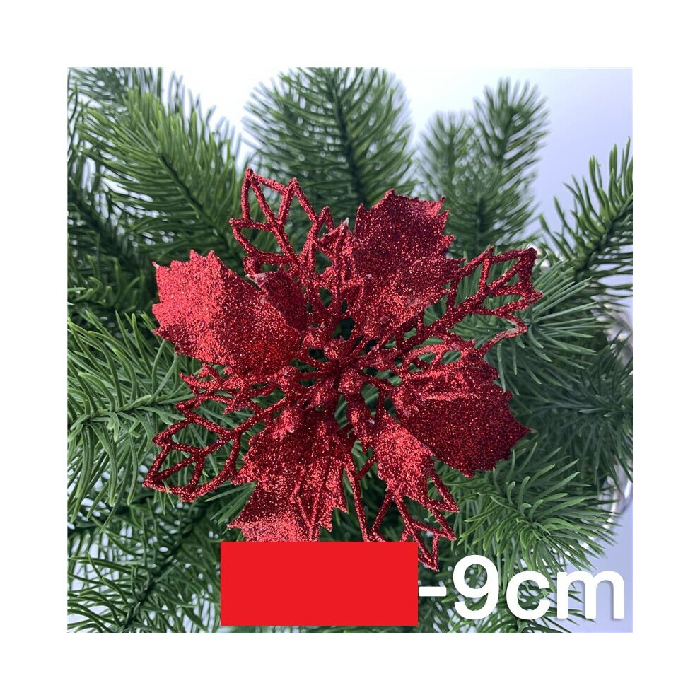 (Red) 20X Poinsettia Glitter Flower Christmas Tree Decor