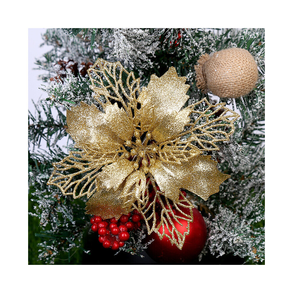 (Gold) 20X Poinsettia Glitter Flower Christmas Tree Decor