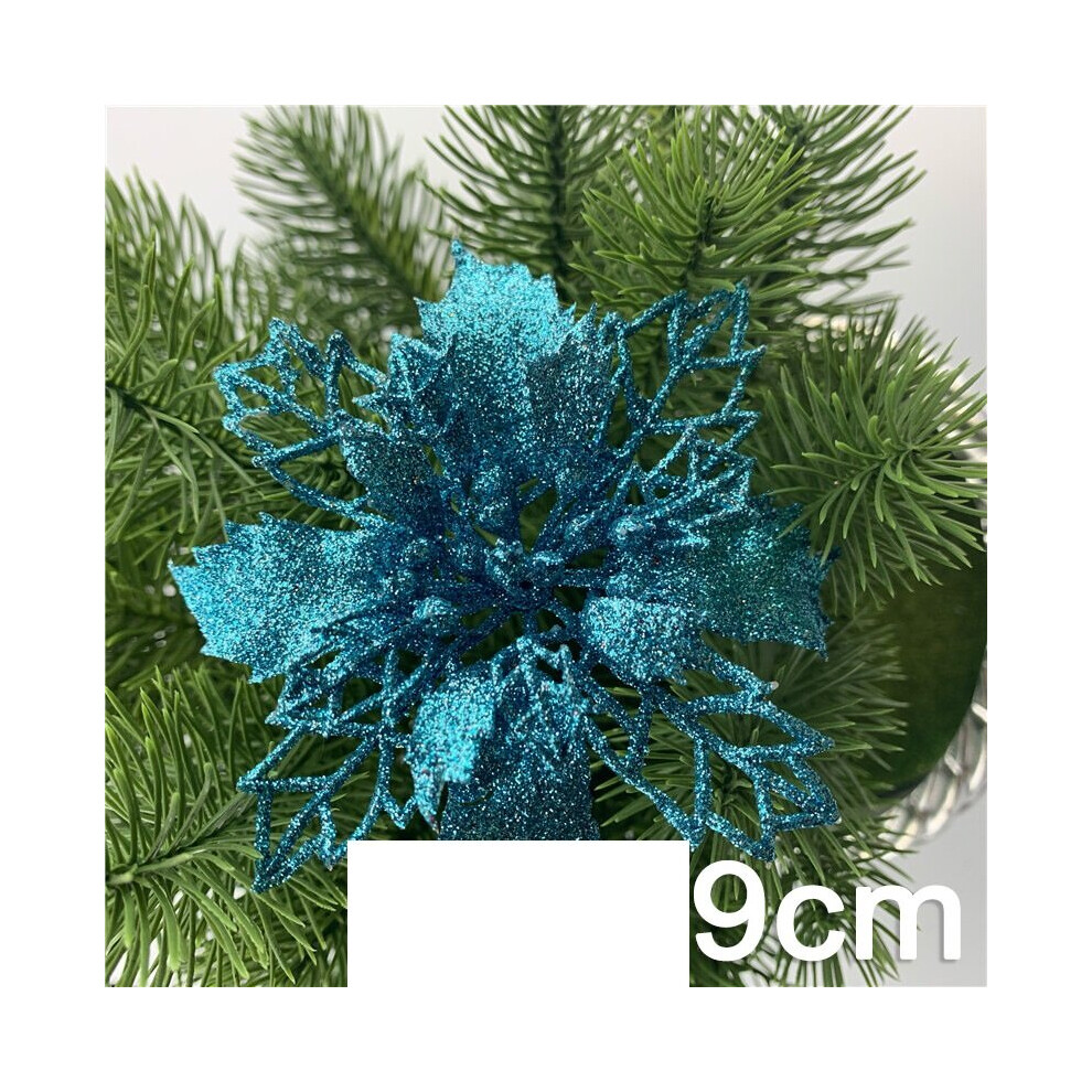 (Blue) 20X Poinsettia Glitter Flower Christmas Tree Decor