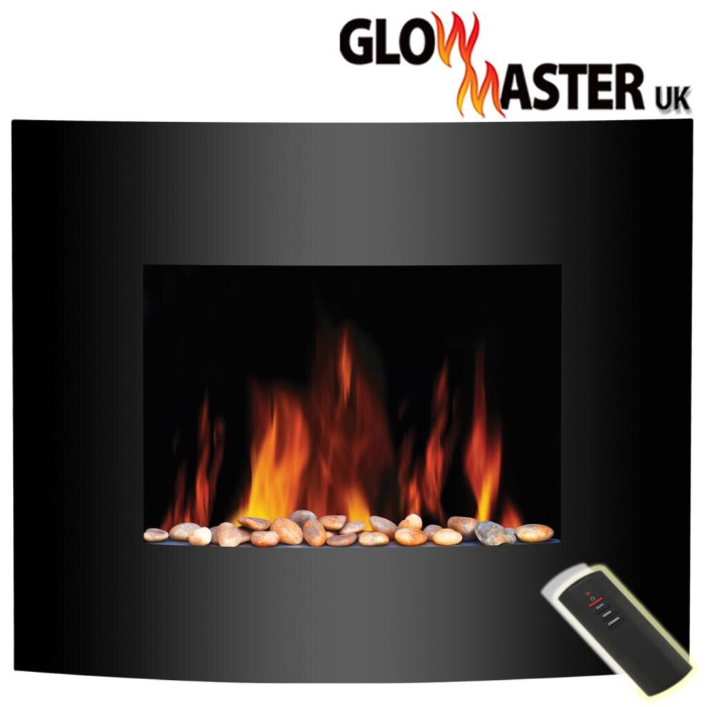 Wall Mounted Electric Fire Fireplace Black Glass Slimline Flicker Effect Flame